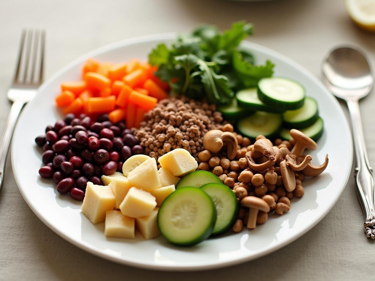A colorful plate filled with a variety of vegetables, legumes, and mushrooms, representing the core principles of a plant-based diet as advocated by Dr. Joel Fuhrman in Eat to Live.