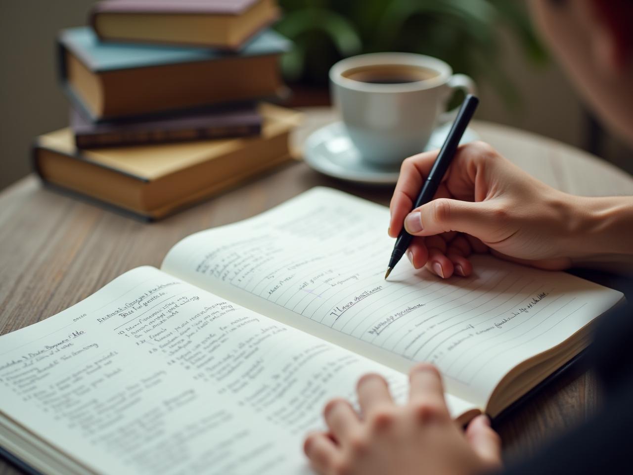 Close-up of a hand writing in a habit journal with a pen, surrounded by books and a cup of coffee, symbolizing self-improvement and habit tracking.