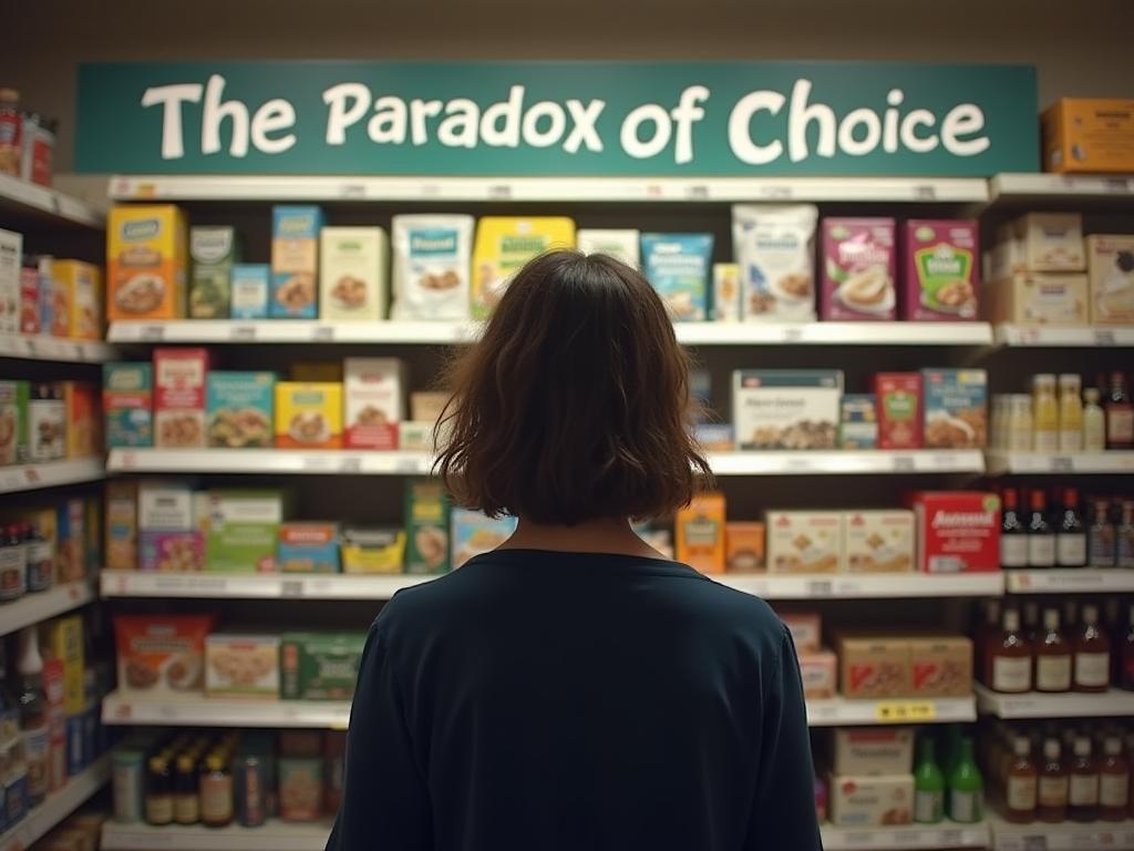 A person standing in front of a large selection of products, looking overwhelmed. The text The Paradox of Choice is superimposed on the image.