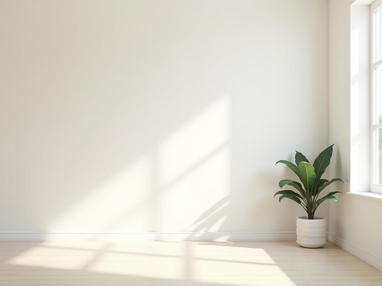 A minimalist room with only a few essential items, a plant, and natural light. The focus is on space and simplicity.