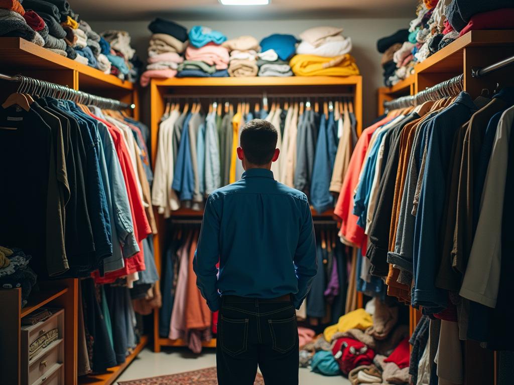 A person standing in front of a overflowing closet looking overwhelmed. the closet is colorful but disorganized.