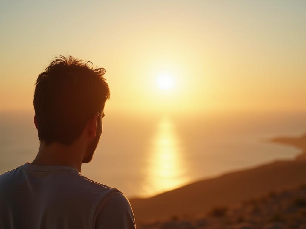 A person looking towards a bright horizon, symbolizing hope and optimism, with a copy of Martin Seligmans book Learned Optimism in the foreground.