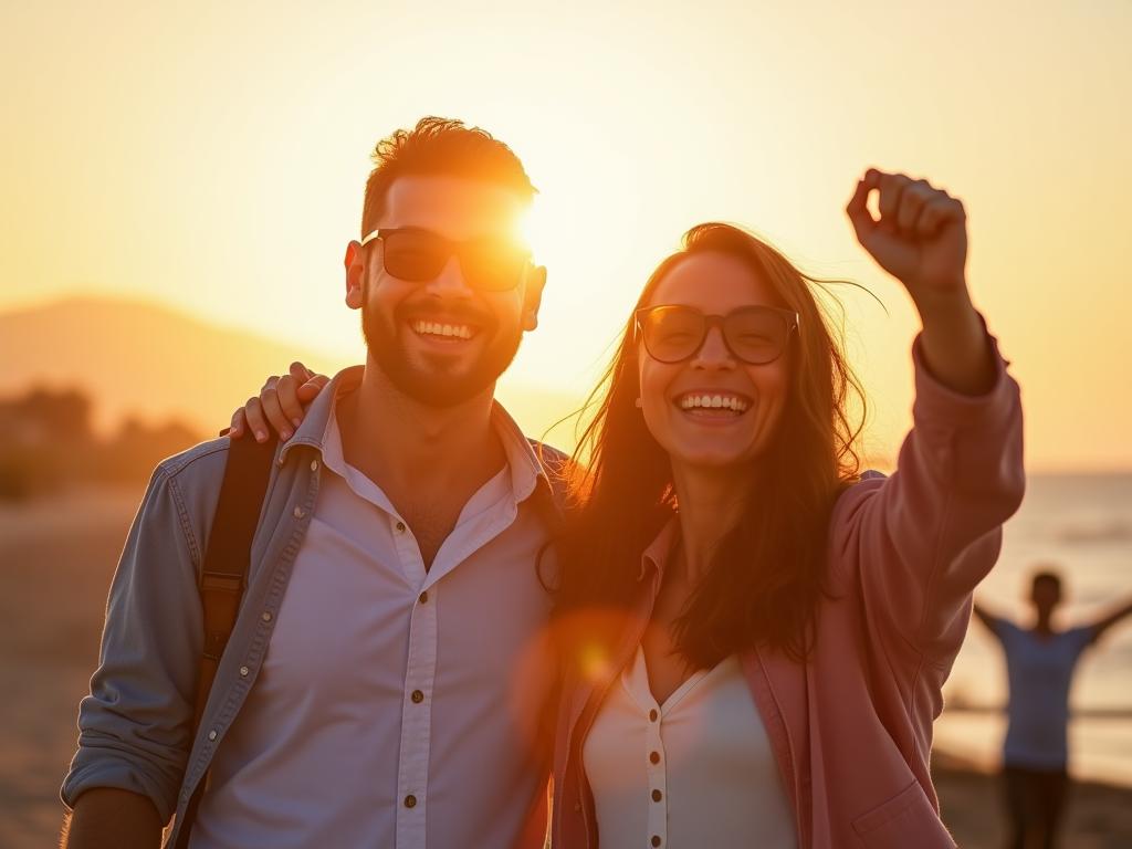 Image of two smiling people celebrating success together, with a sunny background.