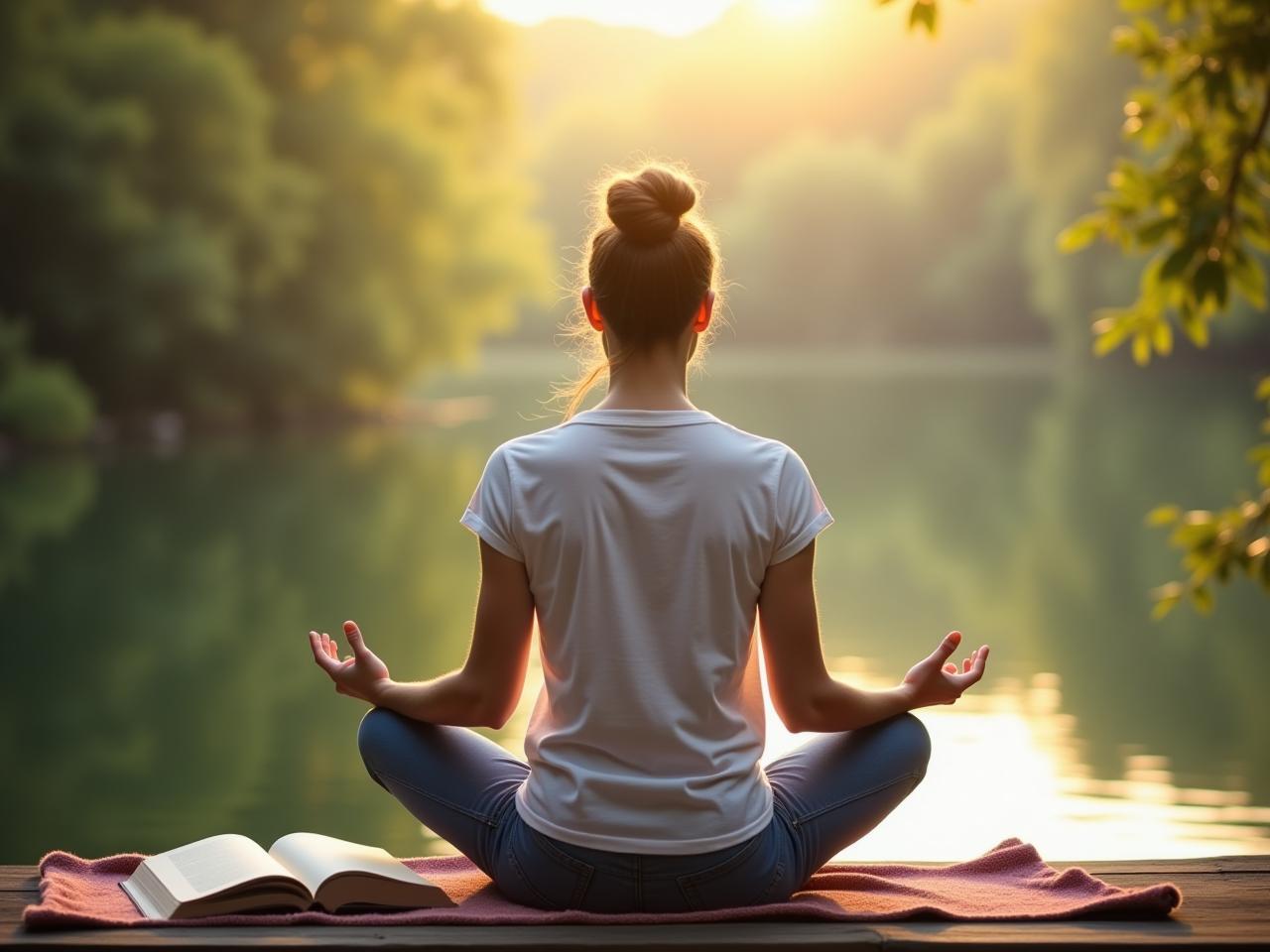 Person meditating and visualizing their goals in a peaceful setting, with a book titled Live for Purpose nearby. The image conveys serenity and focused intention.