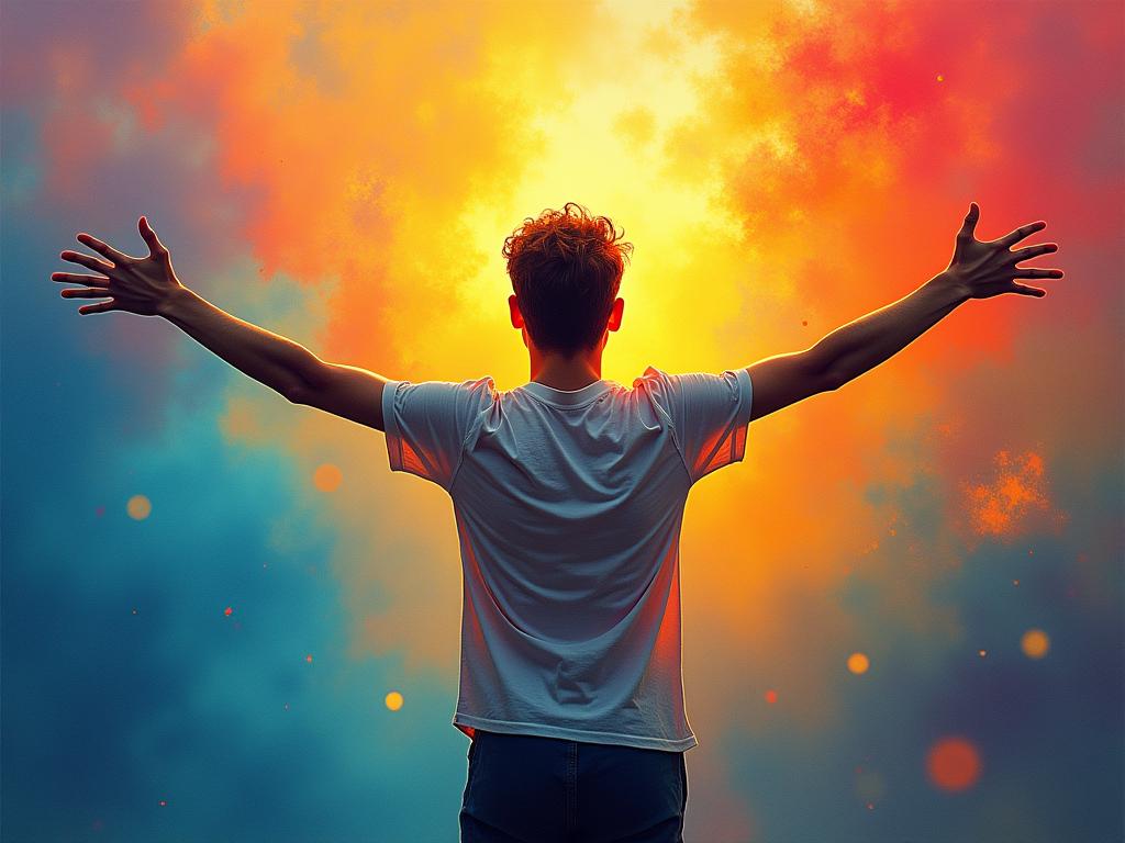 A person standing confidently with their arms open wide, embracing their imperfections. The background is a vibrant mix of colors symbolizing the complexity and beauty of human emotions and experiences. Authenticity and Courage are subtly incorporated into the design.