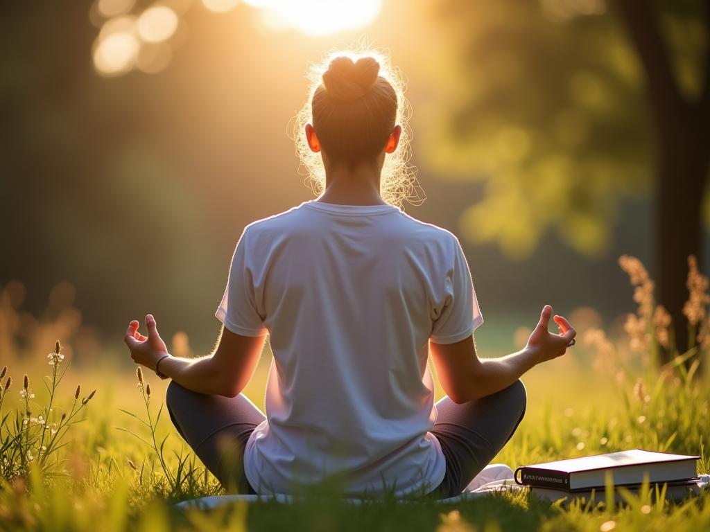 A person meditating outdoors surrounded by nature, symbolizing energy replenishment and mindfulness, with the book The Power of Full Engagement subtly placed nearby. The image emphasizes the concepts of well-being, focus, and energy management.