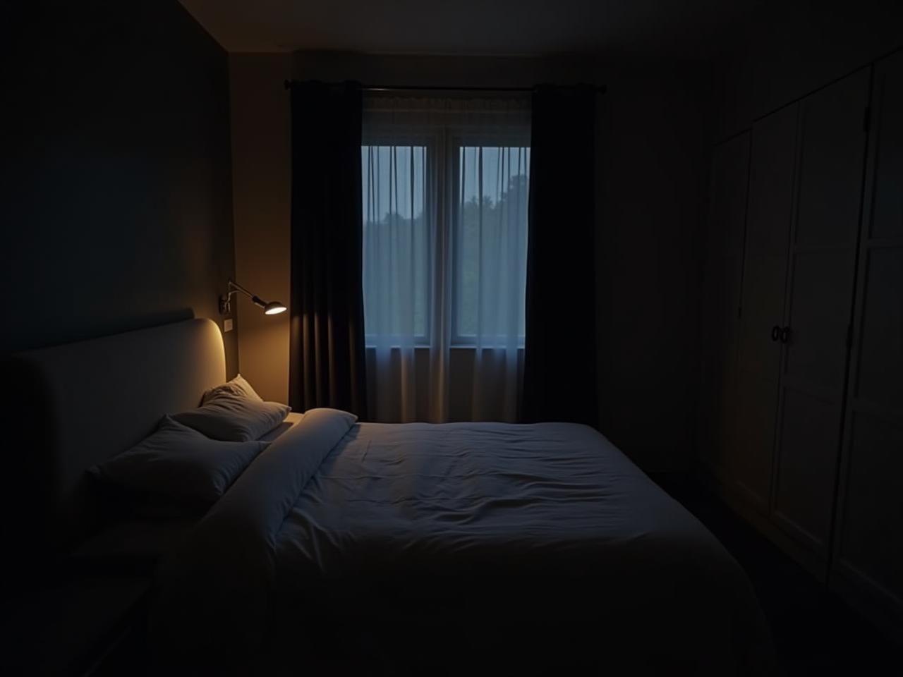 A cozy bedroom with blackout curtains, a comfortable bed, and soft lighting, representing an ideal sleep environment.  Keywords: sleep, bedroom, environment, dark, comfortable, relaxation.