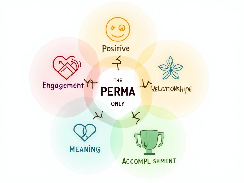 A vibrant illustration depicting five interconnected circles representing the PERMA model: Positive Emotions, Engagement, Relationships, Meaning, and Accomplishment. The circles are filled with icons symbolizing each element, such as a smiling face for positive emotions, a lightbulb for engagement, intertwined hearts for relationships, a tree for meaning, and a trophy for accomplishment.