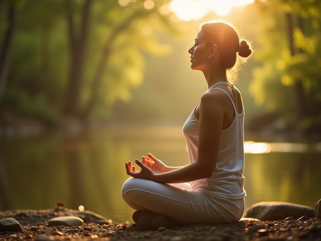 A person meditating in a peaceful setting, focusing on their breath. The image conveys calmness and mindfulness. Keywords: meditation, mindfulness, breath, pain relief, John Kabat-Zinn.