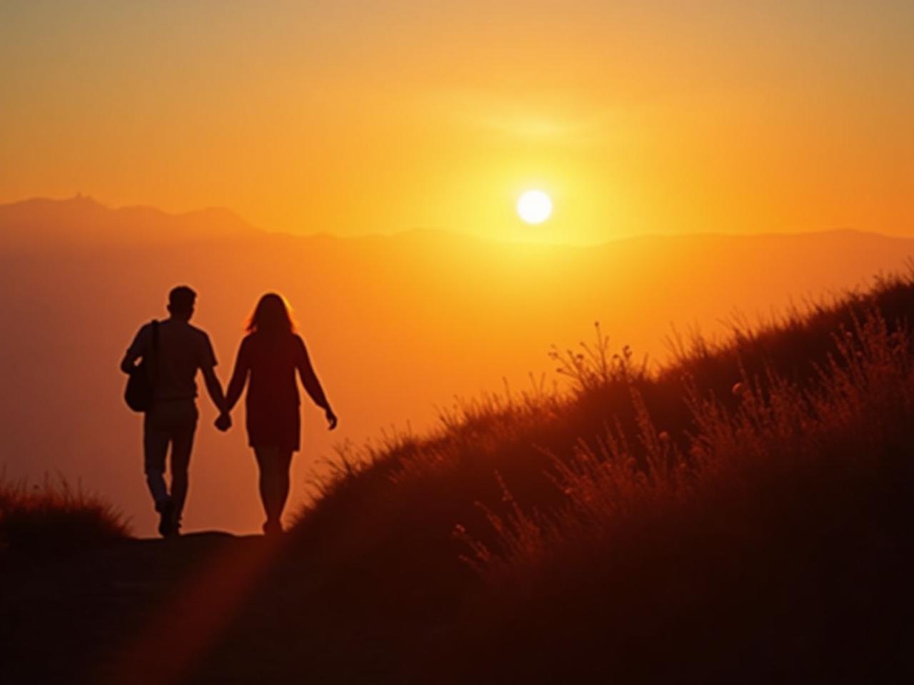 Image of two people hiking together towards a sunset, symbolizing shared goals and partnership. The image should evoke feelings of warmth, connection, and adventure.