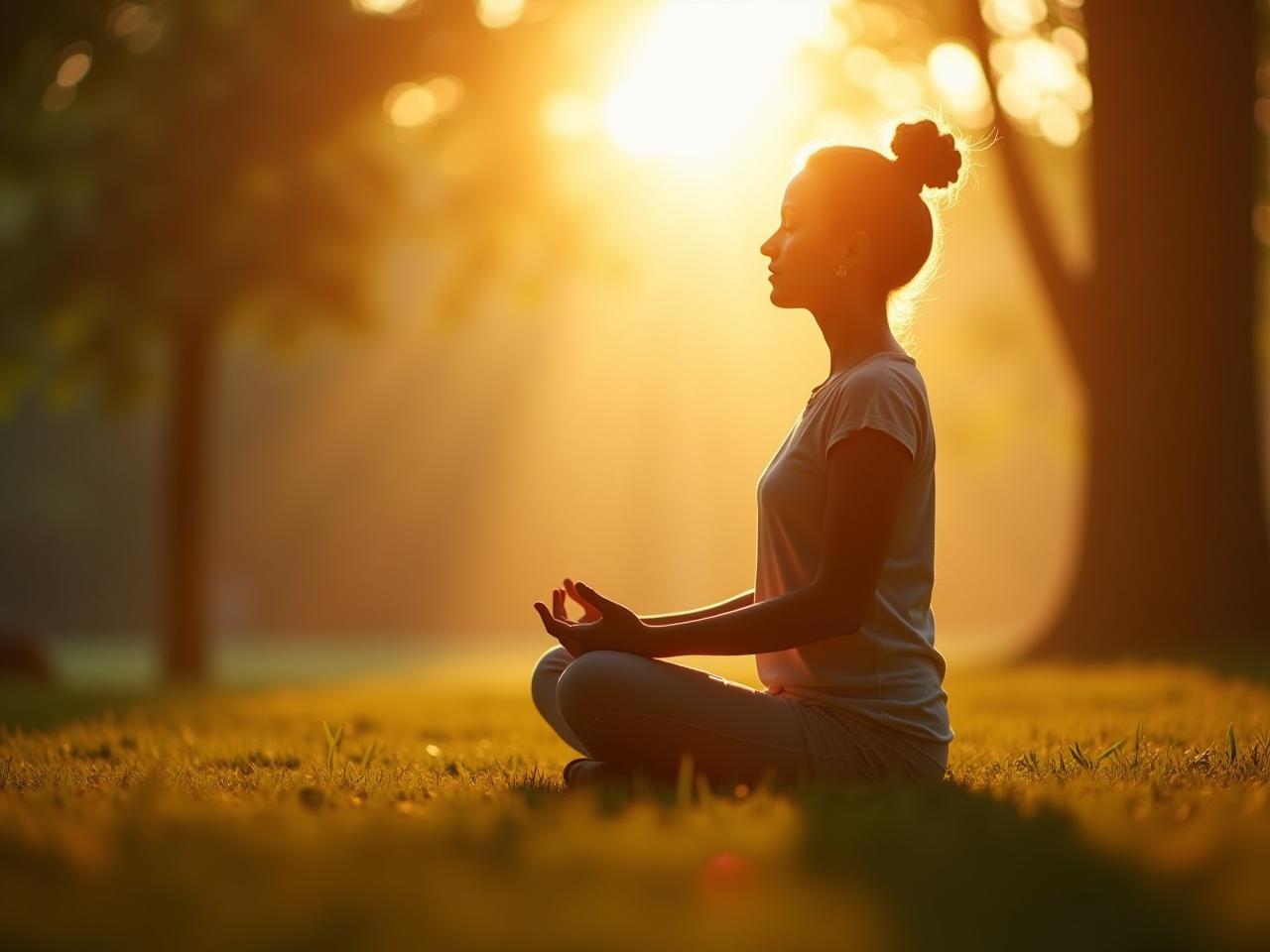 A person meditating in a peaceful setting, with the sun shining through the trees. The image represents mindfulness and emotional well-being, key concepts in positive psychology.
