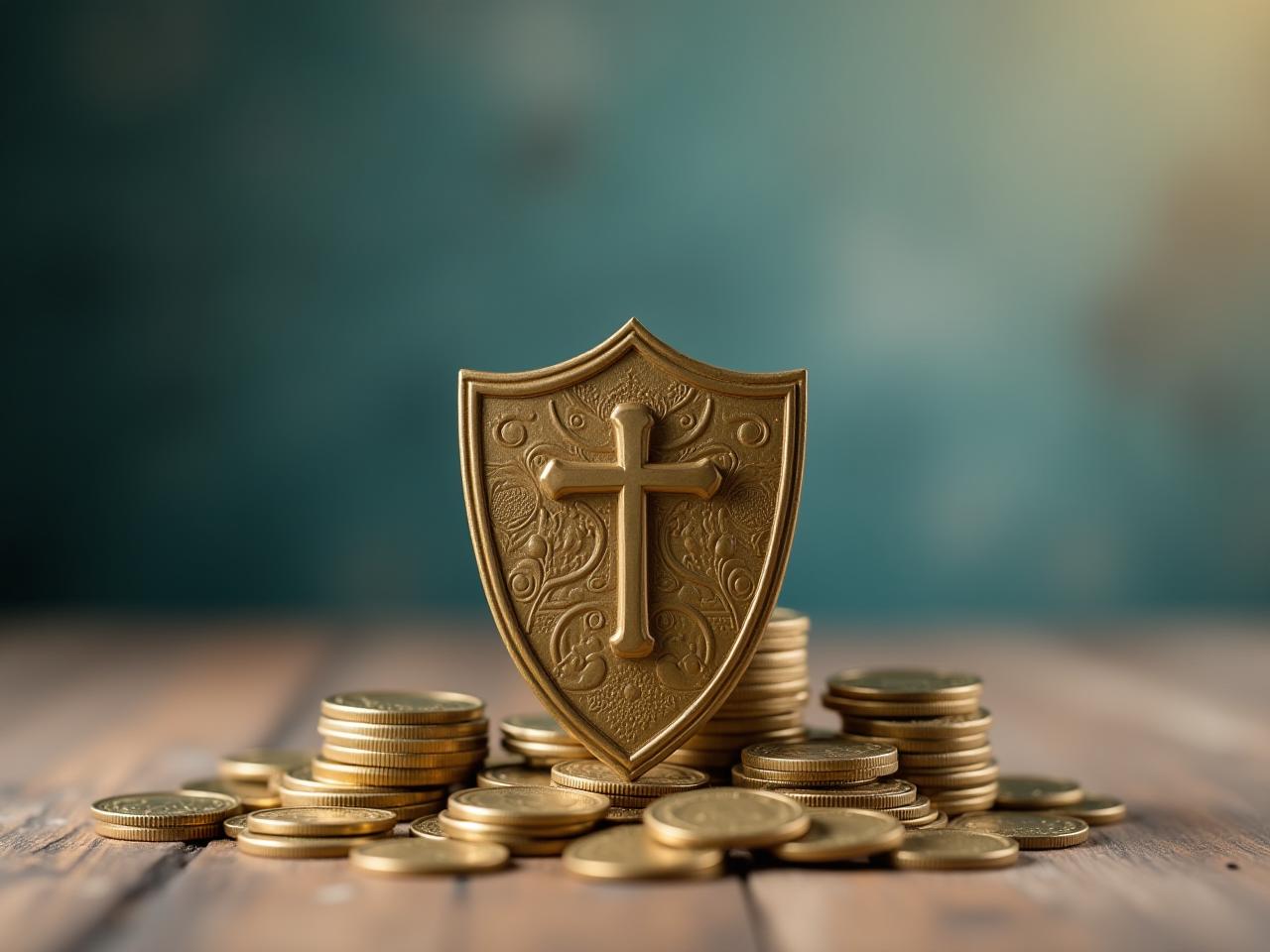 A shield protecting a pile of coins, symbolizing risk management and financial security.