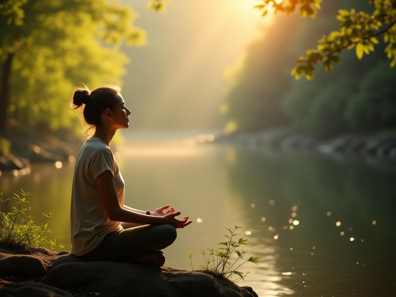 A person sitting peacefully in nature, observing their thoughts and feelings with mindful awareness.