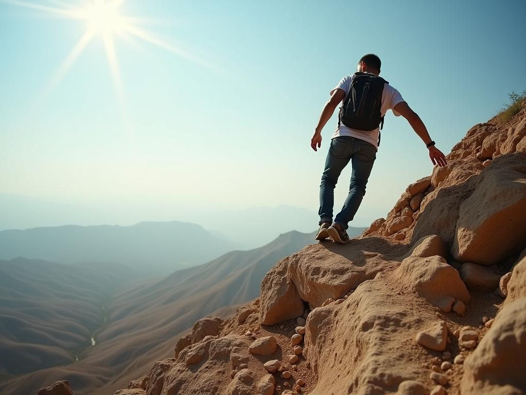 A person climbing a rocky mountain, representing overcoming challenges and building resilience.