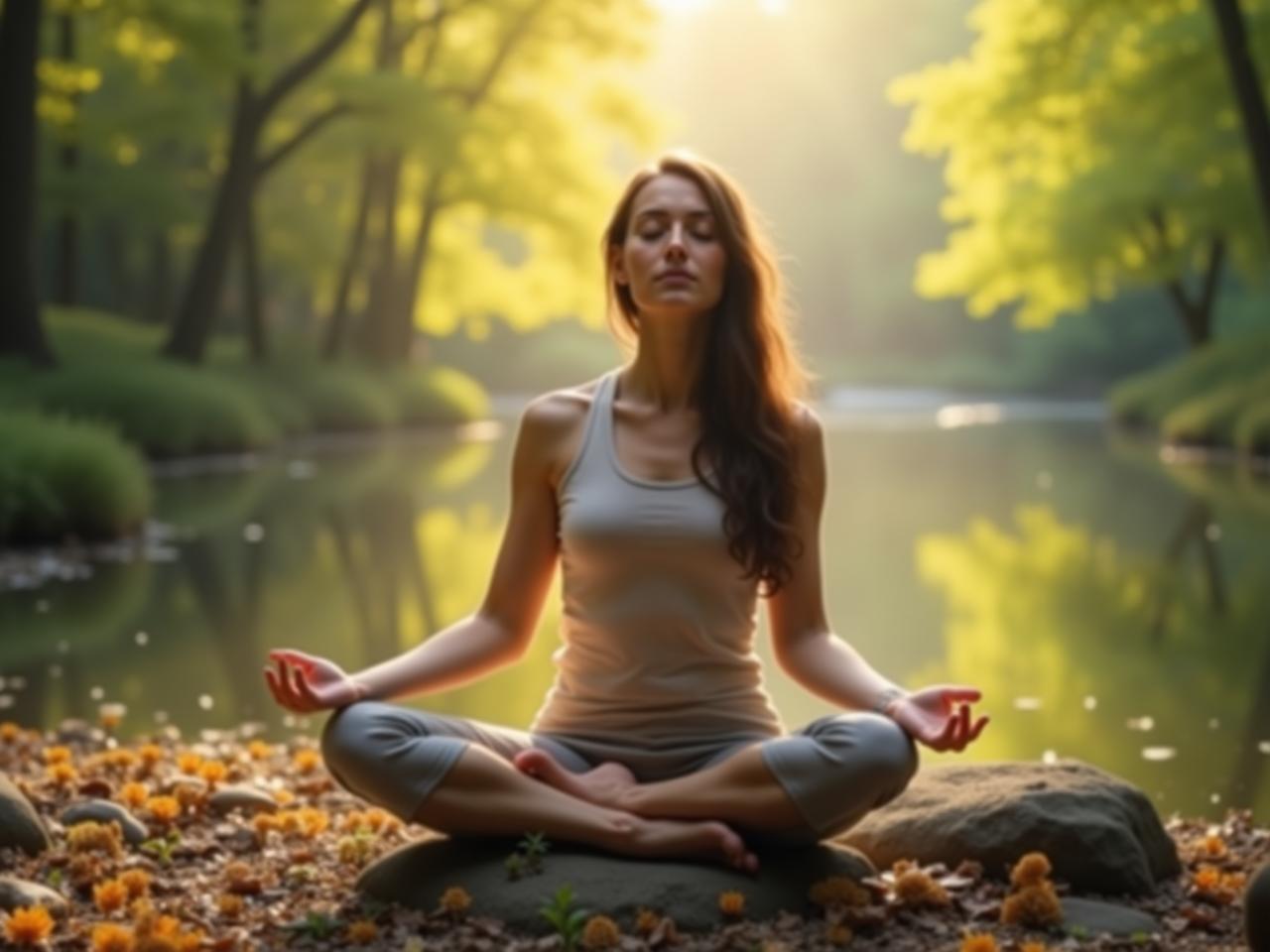A person meditating with eyes closed, focusing on breathing, using alternating nostril breathing technique in a peaceful setting with nature in the background.