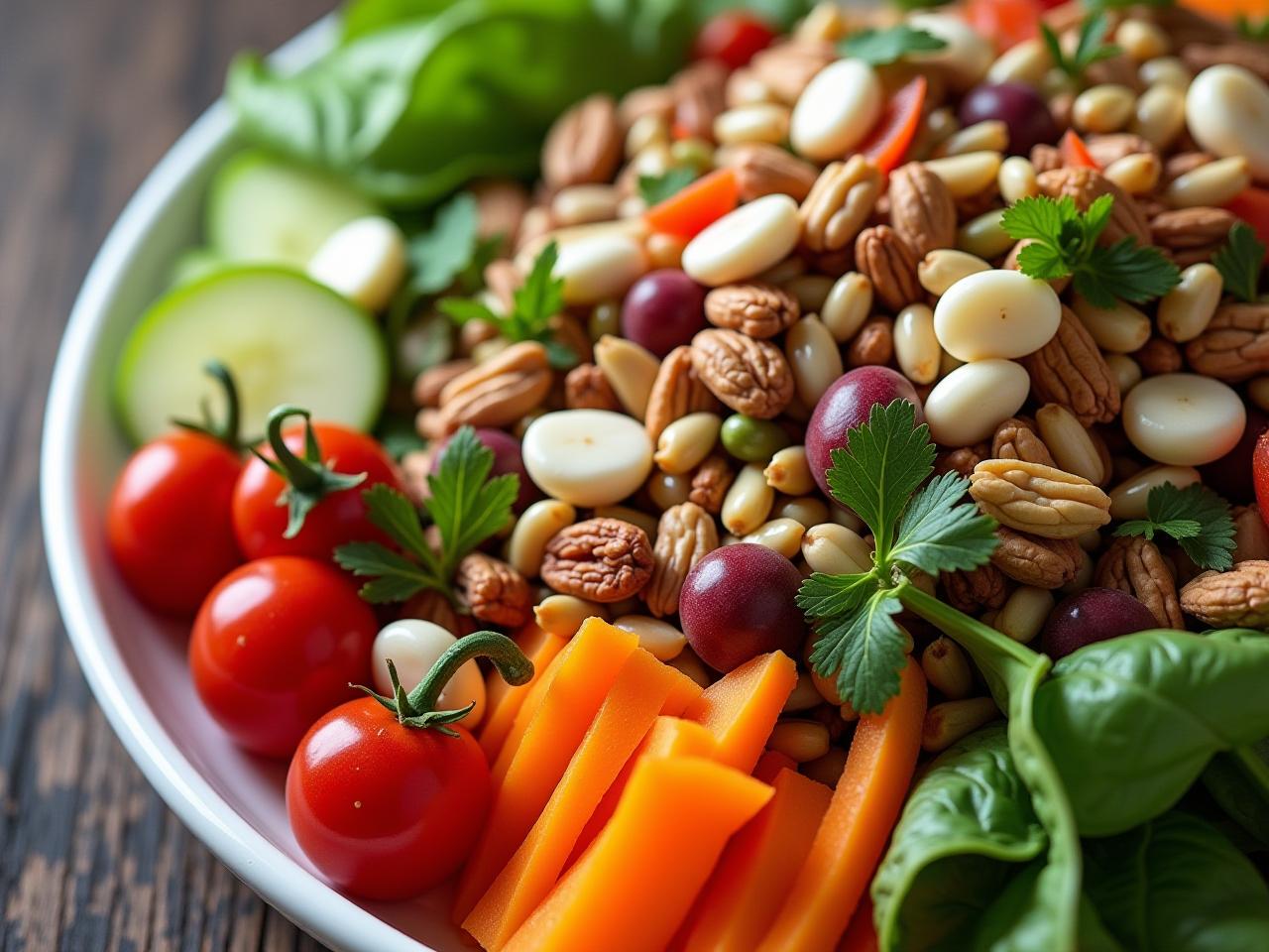 A large, colorful salad filled with various vegetables, nuts, and seeds, representing a healthy and nutritious plant-based meal.