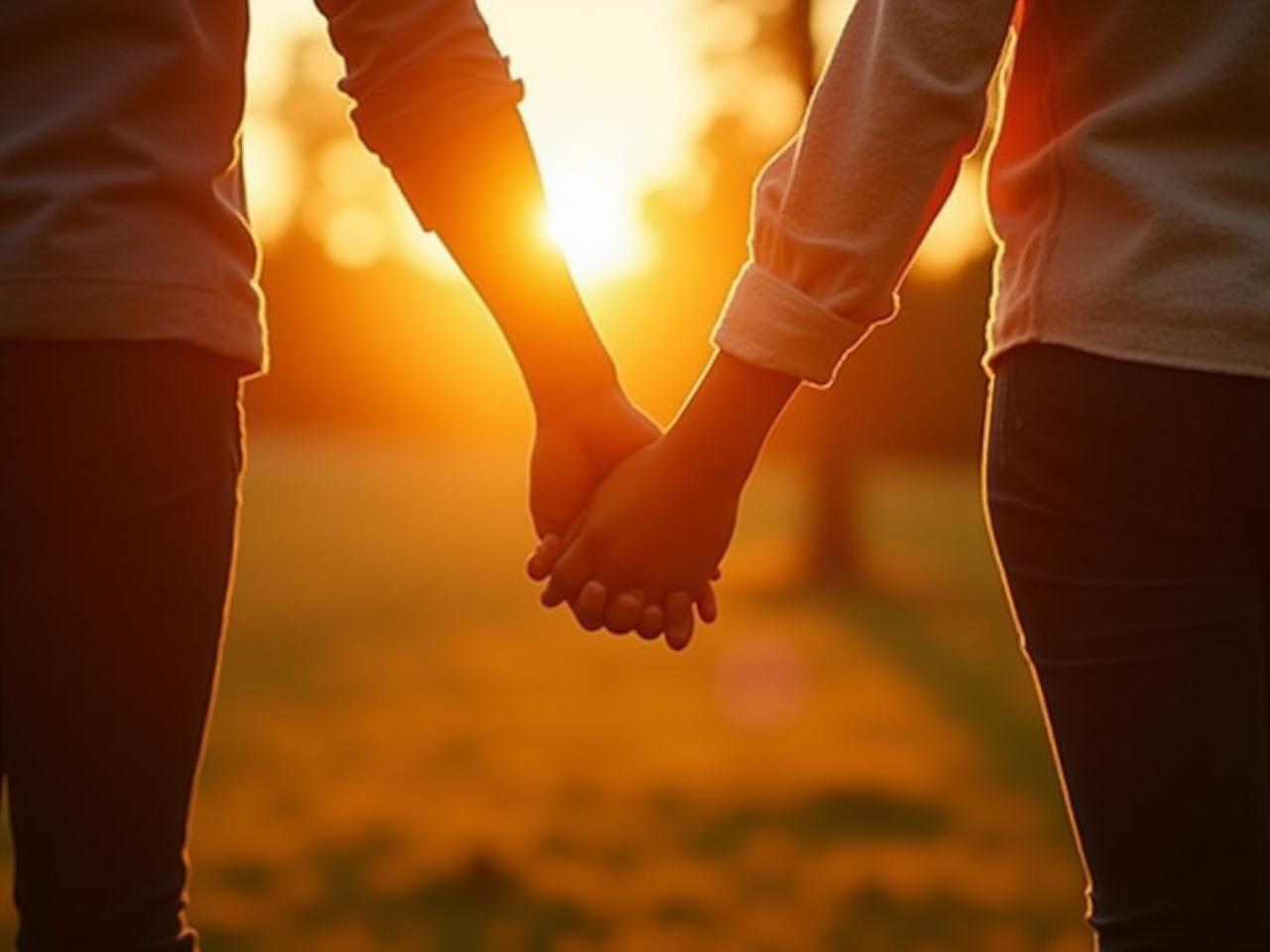 Couple holding hands while walking in a park at sunset, symbolizing love, connection, and commitment. Keywords: love, relationship, sunset, park, holding hands, meaningful connection.