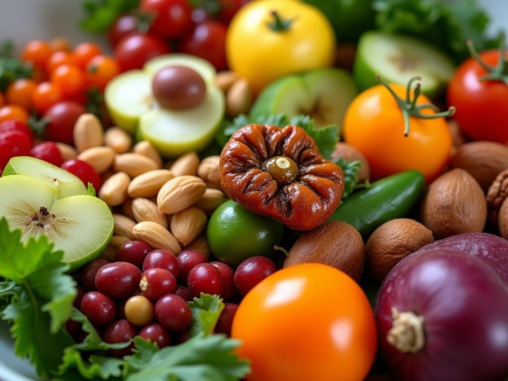 Close-up of colorful and diverse plant-based meal, including vegetables, fruits, legumes, and nuts, symbolizing the nutrient-rich diet promoted in Eat to Live by Dr. Joel Fuhrman.