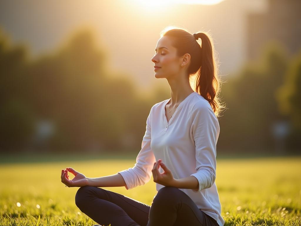 Woman meditating peacefully outdoors with a serene background, representing stress relief and mindful living.
