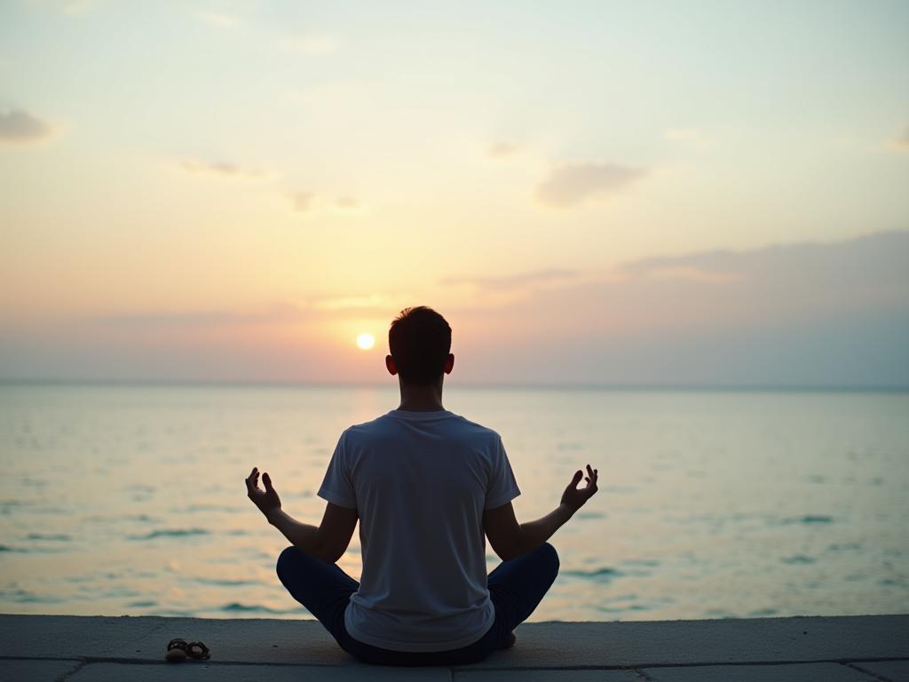 A serene image of a person meditating by the sea, symbolizing acceptance of uncertainty and finding inner peace.