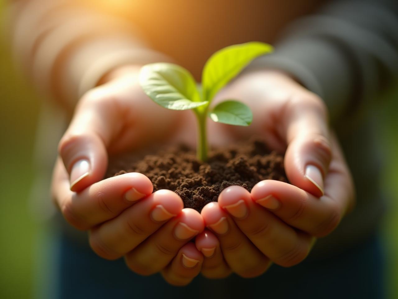 A close-up shot of a person holding a small seedling in their hands, with soft sunlight filtering through the leaves, symbolizing new beginnings and growth.