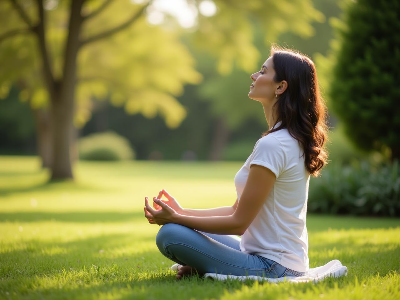 Woman meditating peacefully in a serene garden setting, practicing mindful breathing. Keywords: meditation, mindfulness, breathing, garden, peaceful.