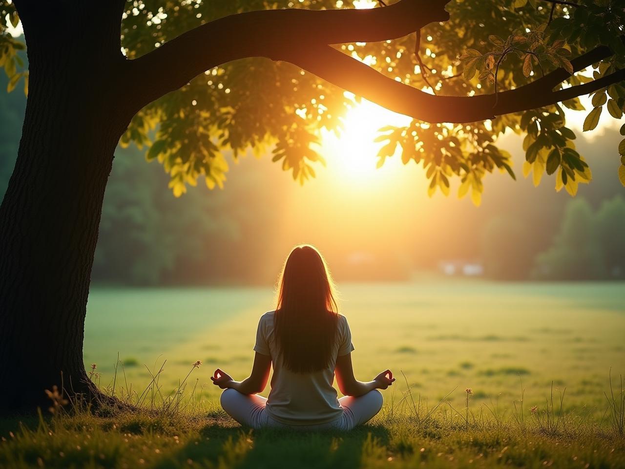 A serene image of a person sitting under a tree, meditating in nature. Keywords: mindfulness, acceptance, uncertainty, nature, meditation.