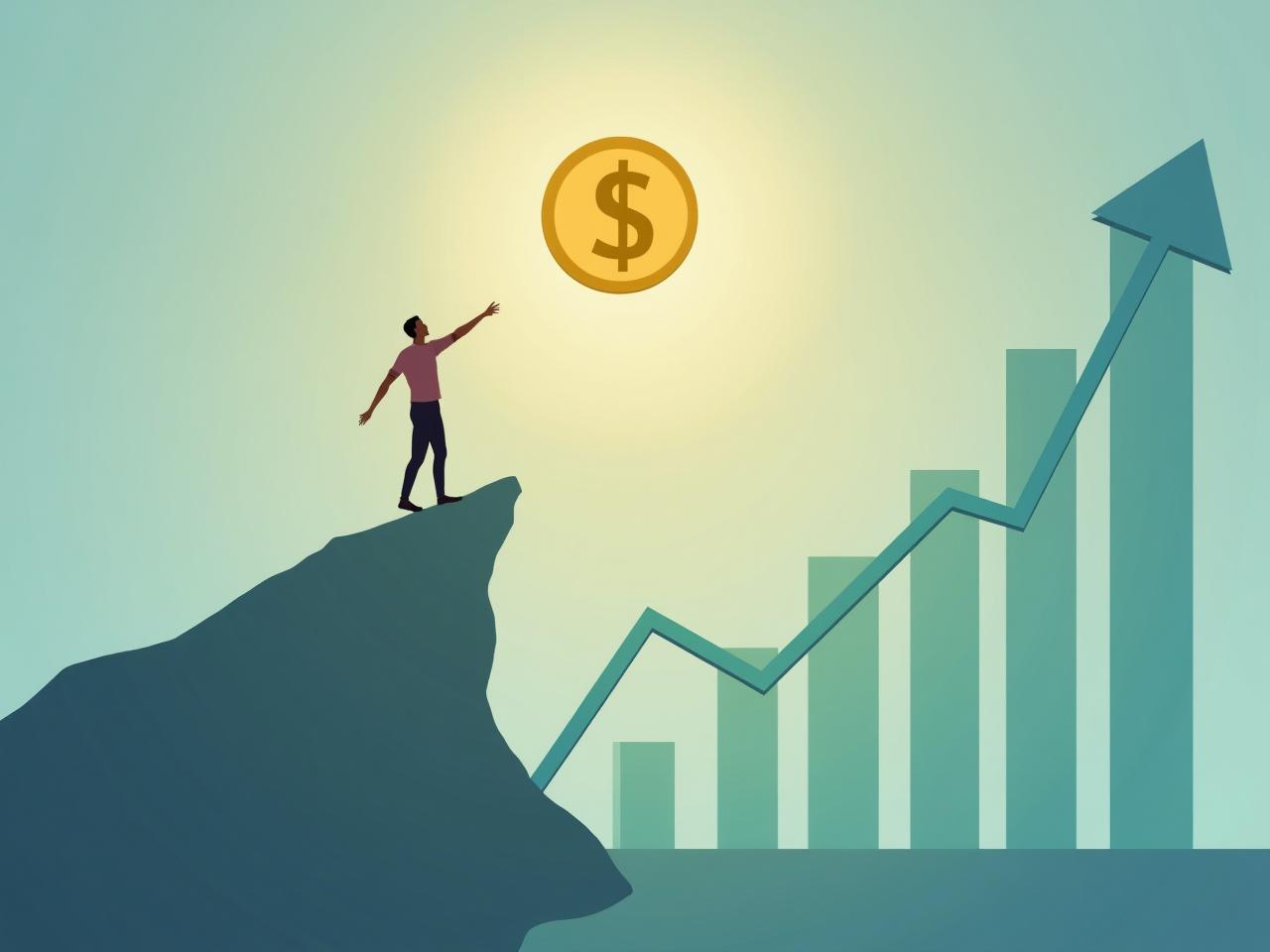 Person reaching for a gold coin hanging in the distance, symbolizing financial freedom. Background includes a chart with upward trending line.