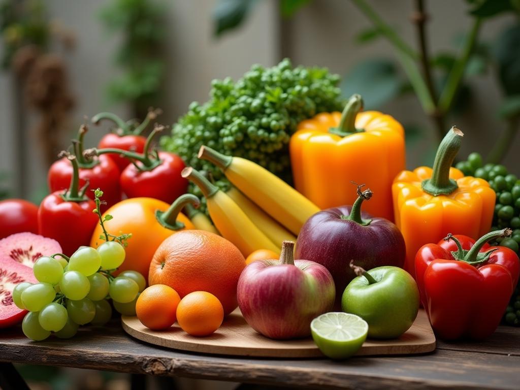 Colorful variety of fruits and vegetables on a table, representing the power of plant-based nutrition and phytonutrients.