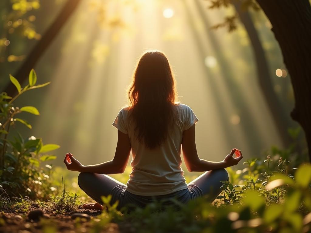 Woman meditating in a peaceful environment, surrounded by nature, symbolizing energy and well-being.