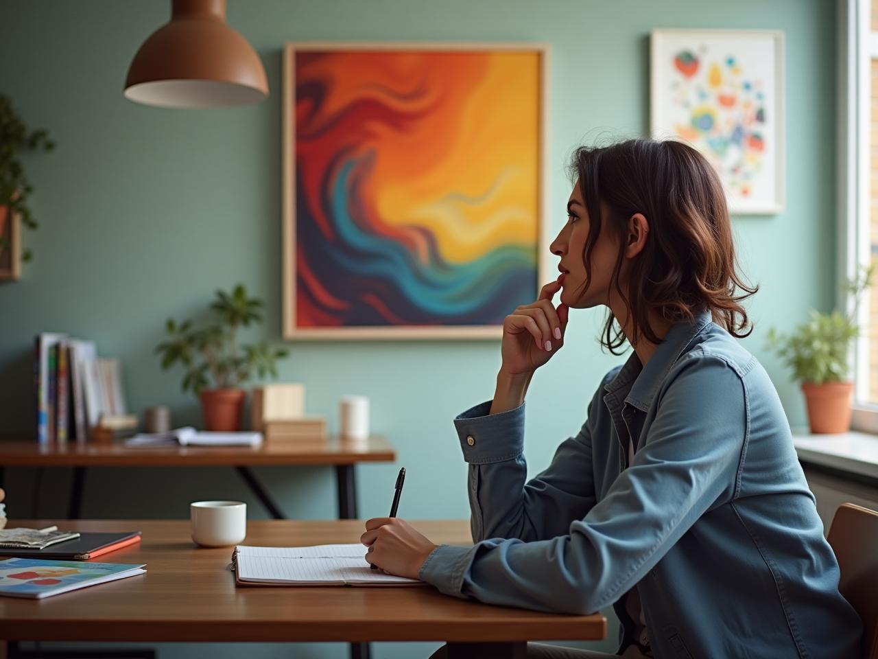 A person sitting at a desk, with a notebook and pen, looking thoughtfully at a painting on the wall. The painting is colorful and abstract, representing the flow of creativity.