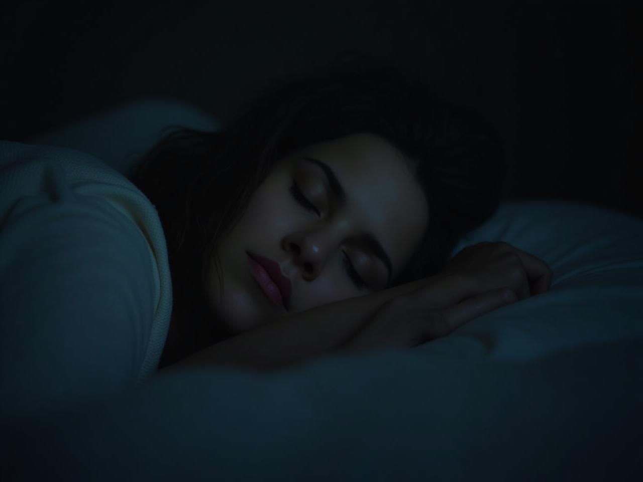 Close-up of a person sleeping peacefully in a dark room, emphasizing the importance of quality sleep for willpower and self-control.
