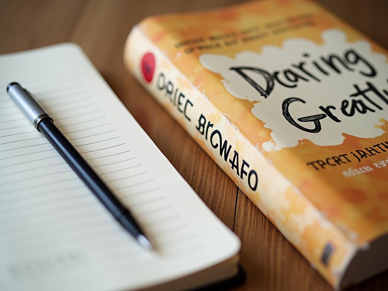 Close-up of a well-worn copy of Brene Browns Daring Greatly next to a journal and pen, symbolizing vulnerability, authenticity, and self-reflection.
