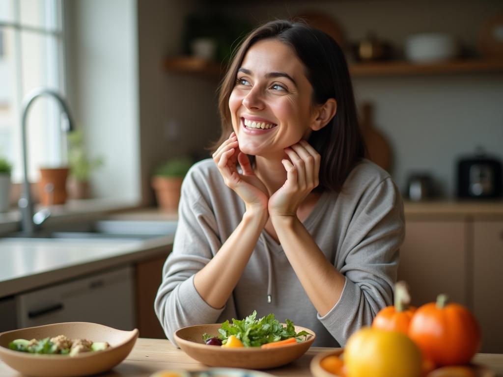Woman smiling while enjoying a healthy meal mindfully, practicing intuitive eating.