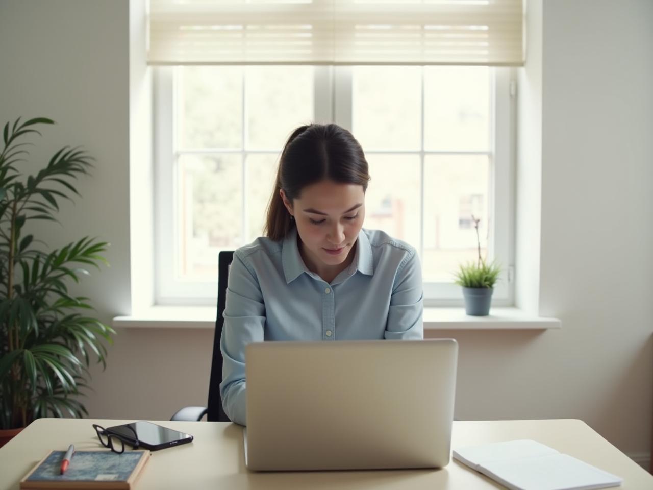 A person sitting at a desk, calmly focusing on a single task, surrounded by a minimalist workspace with only essential items.