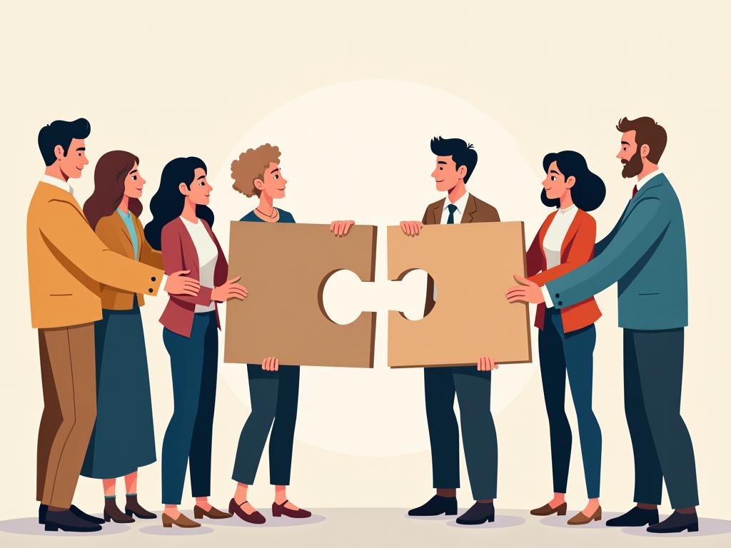 Group of diverse people connecting puzzle pieces, symbolizing teamwork, leadership, and emotional connection. Keywords: teamwork, leadership, emotional connection, puzzle pieces, diverse group.