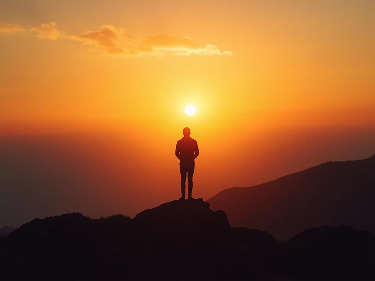 A person standing on a mountain top looking at a beautiful sunset, representing financial freedom and independence.