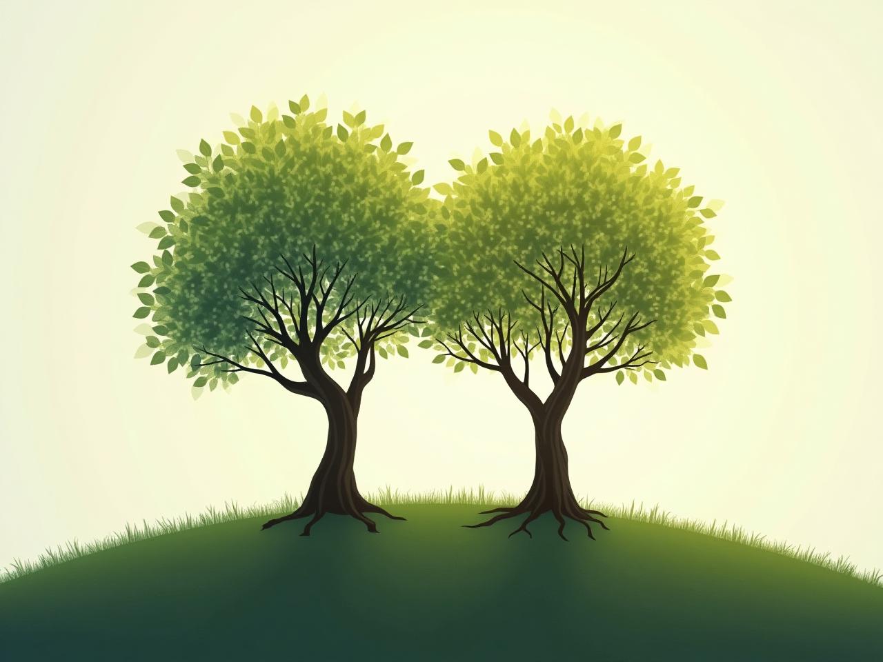 A serene image of two trees growing side by side, their branches intertwined, symbolizing freedom and growth in a loving relationship. The image represents unconditional love and mutual support.