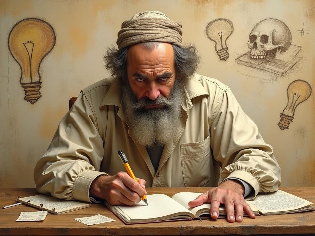 A person sitting at a desk, writing in a notebook with sketches around it, symbolizing the concept of idea journaling and creative thinking inspired by Leonardo da Vinci.