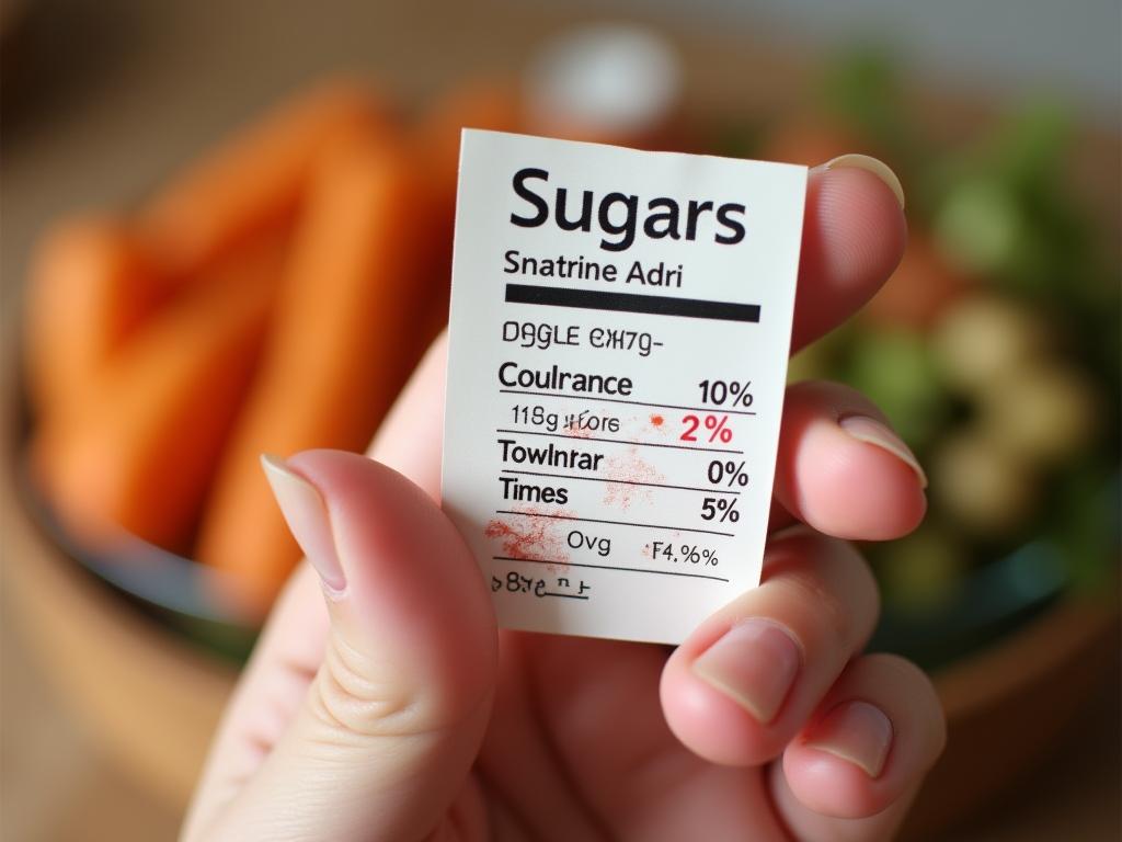 Close-up of a hand holding a label with sugar content information on a processed food product. Focus on the grams of sugar highlighted in red. Healthy lifestyle and mindful eating concept.