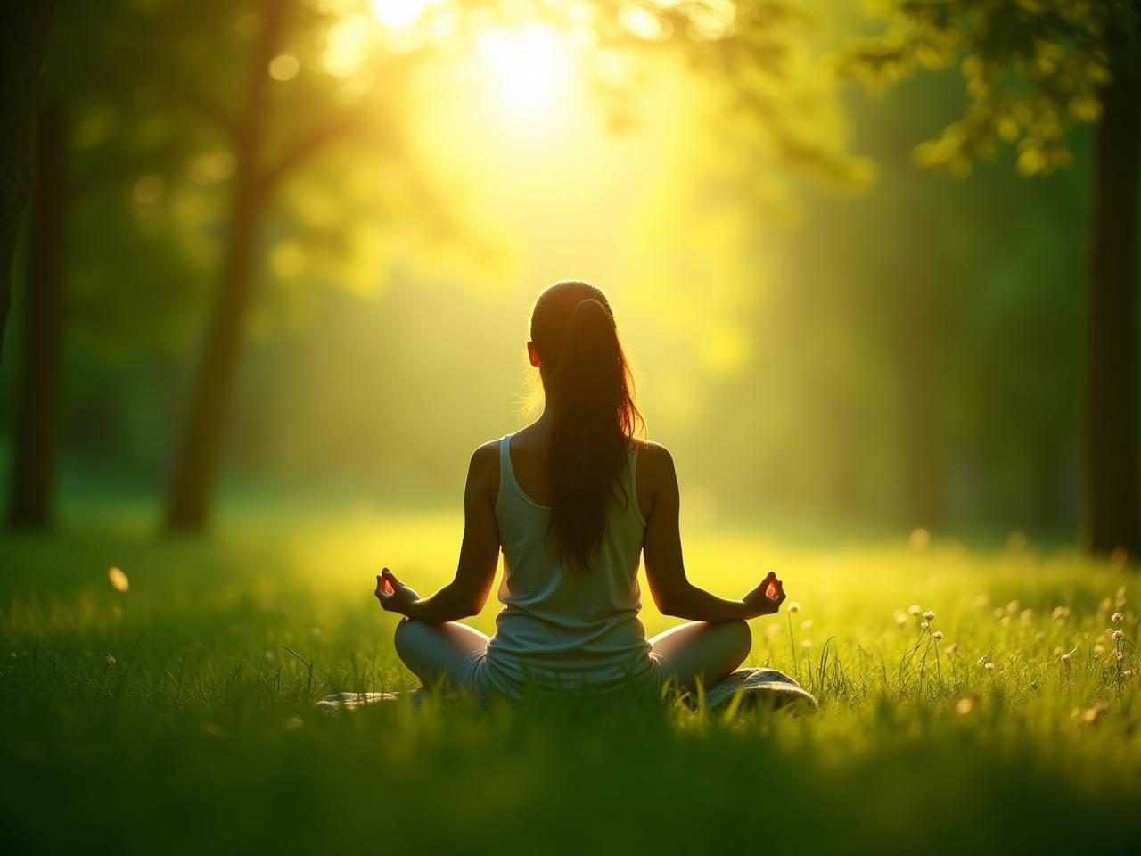 A serene image of a person meditating in nature, surrounded by lush greenery and sunlight, symbolizing inner peace and mindfulness.