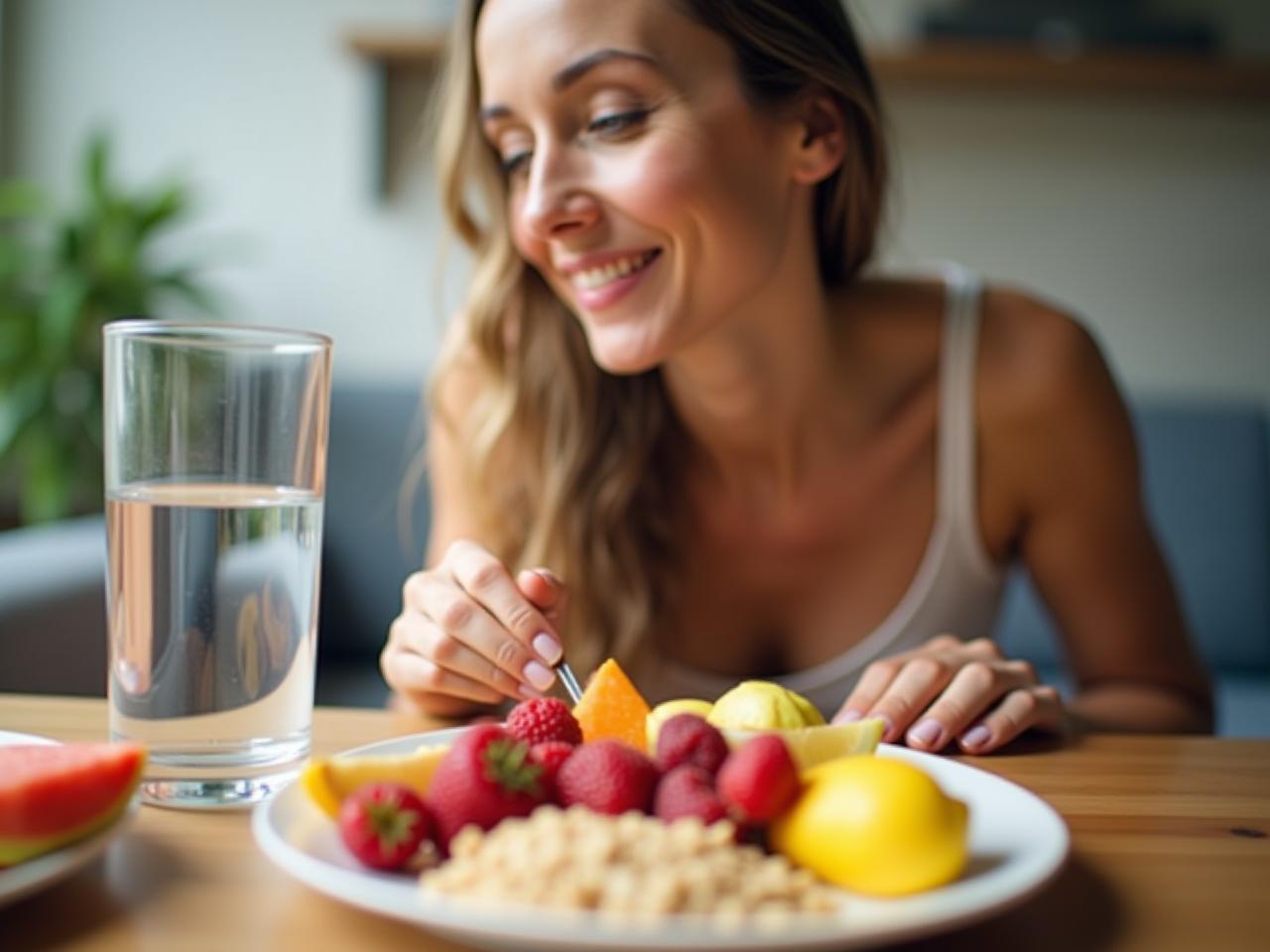 A healthy woman enjoying a nutritious breakfast after a night of intermittent fasting. The image highlights fresh fruits, whole grains, and a glass of water.