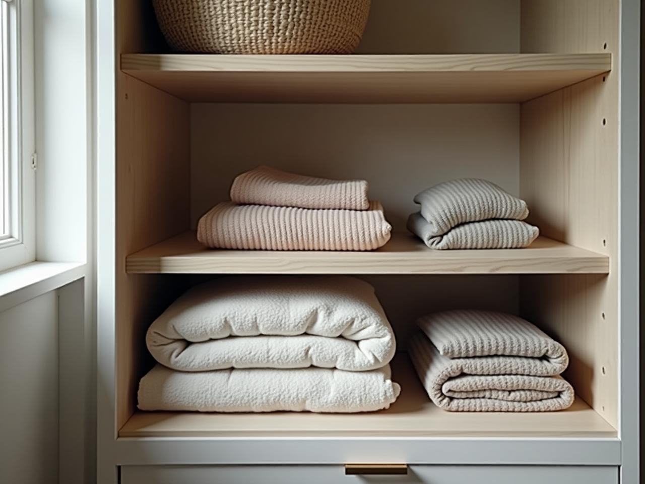 A decluttered closet with neatly folded clothes, symbolizing a minimalist lifestyle.
