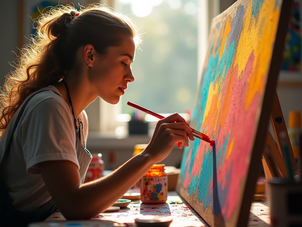 A person deeply focused on painting a canvas, surrounded by vibrant colors and art supplies, bathed in natural light. This represents the state of flow and the joy of being completely immersed in a creative activity.