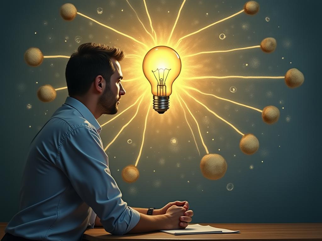 A person looking overwhelmed by a complex problem, then a lightbulb turns on as they break down the problem into smaller parts.