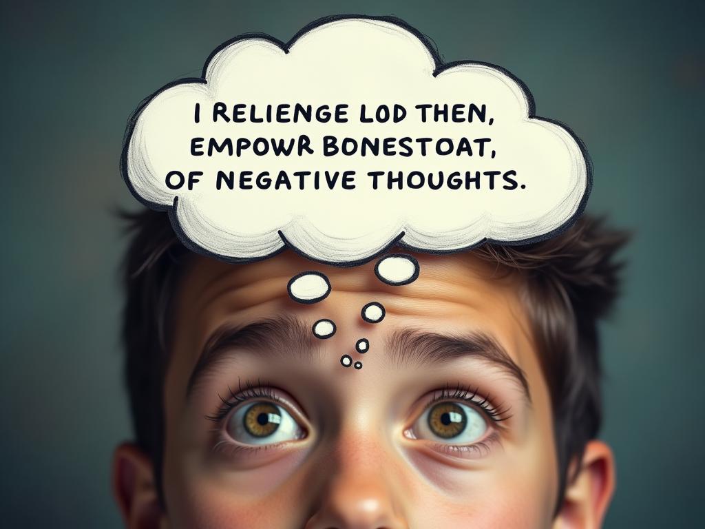 Close up of a persons face with a thought bubble above their head. The thought bubble contains positive affirmations and empowering words instead of negative thoughts.