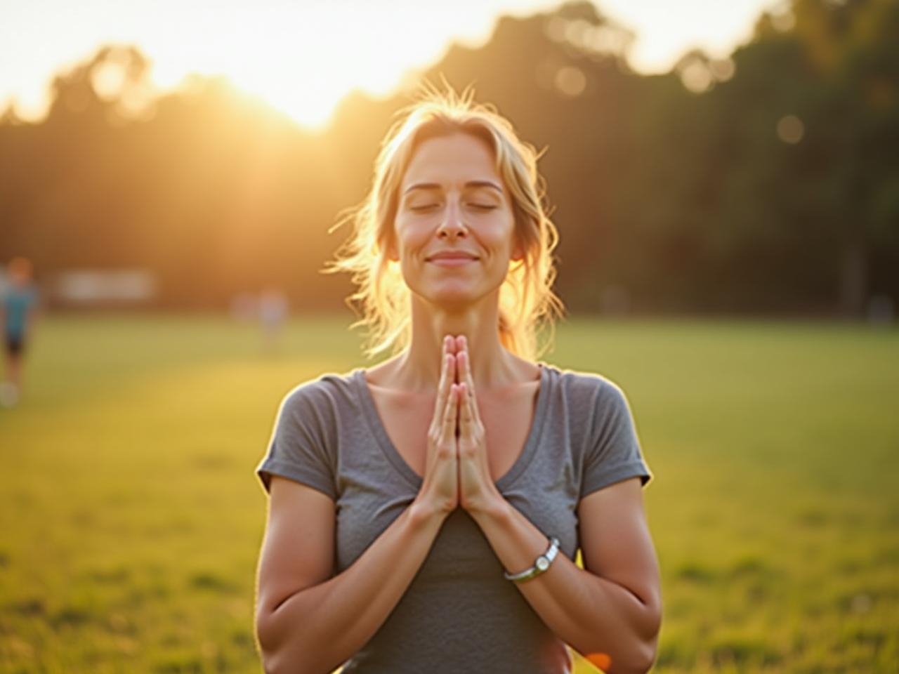 Woman practicing mindful breathing outdoors. Keywords: emotional intelligence, self-awareness, mindfulness, stress management, Daniel Goleman.