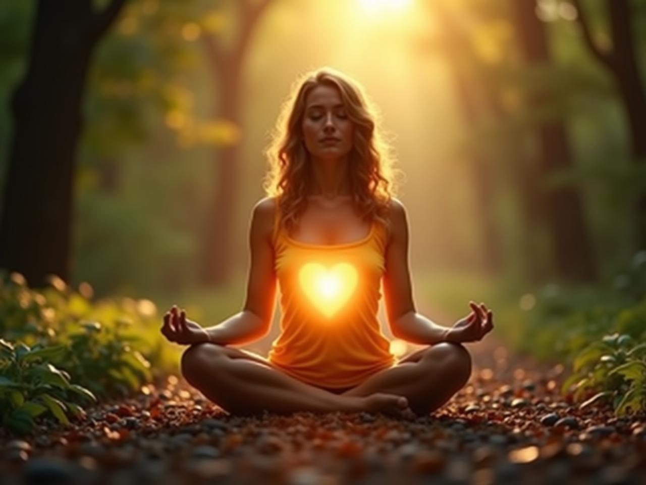A serene person meditating with a warm light emanating from their heart, symbolizing compassion and self-love. Surrounded by nature.
