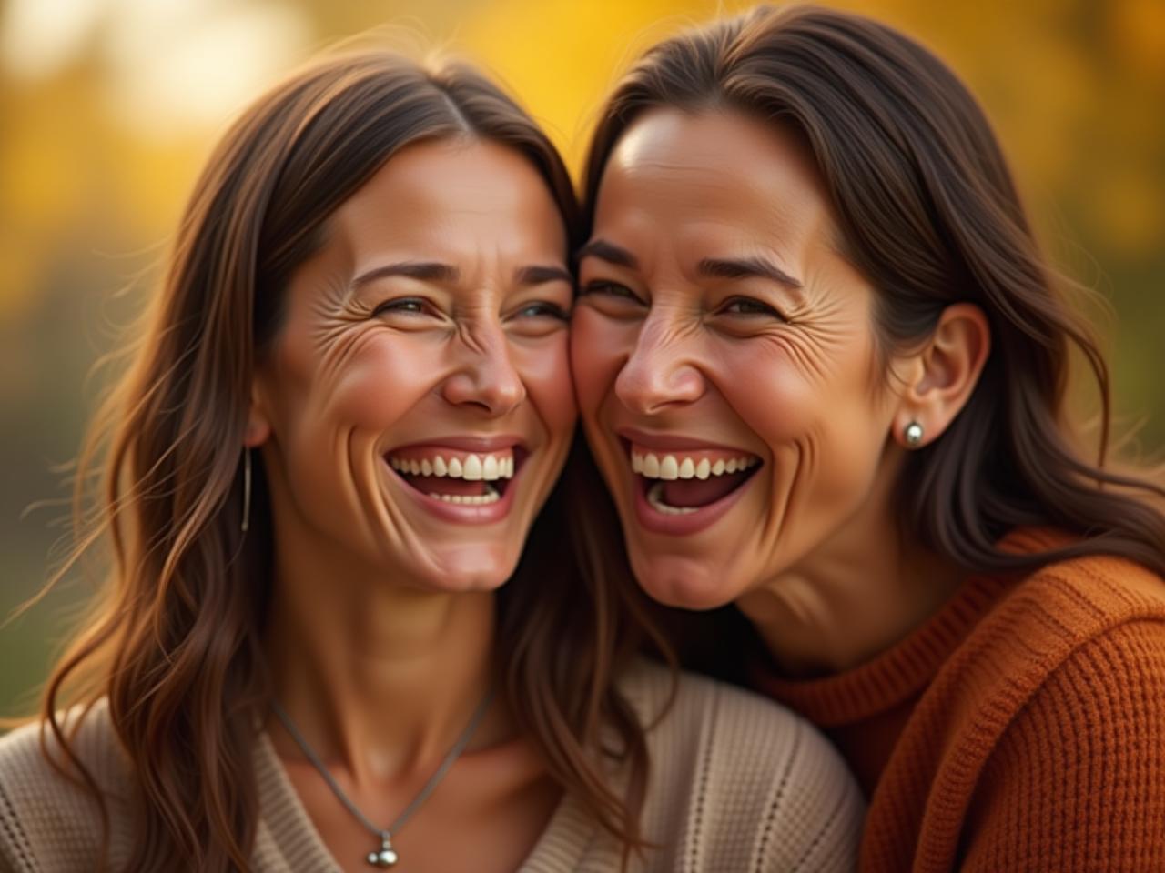 Image of two people laughing together genuinely, with a warm and inviting background, symbolizing shared joy and empathy. Include the book The Book of Joy subtly in the background.