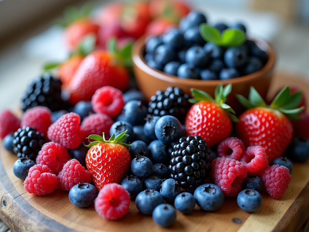 A colorful arrangement of fresh berries, including blueberries, raspberries, strawberries, and blackberries, displayed on a wooden table with the book How Not to Die by Michael Greger in the background. The image represents healthy eating and the benefits of antioxidants found in berries.